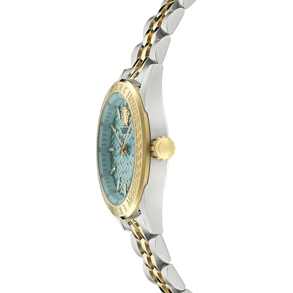 Side profile view of Versace V Code watch with two-tone metal bracelet