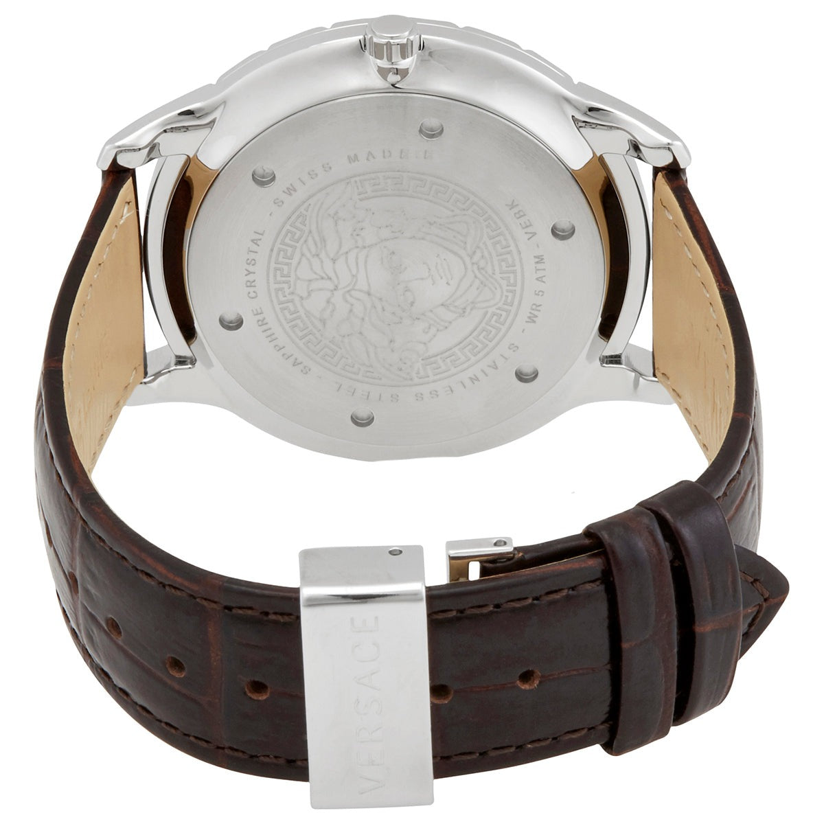 Caseback of Versace Univers VEBK00118 showing Medusa logo engraved on stainless steel
