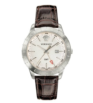 Versace Univers watch with white dial, silver case, and brown leather strap