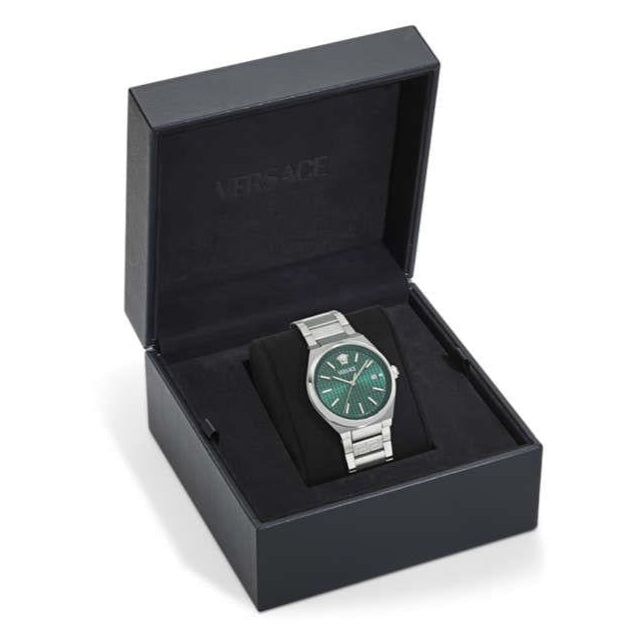 Versace V-Auria watch displayed in black box with cushioned interior