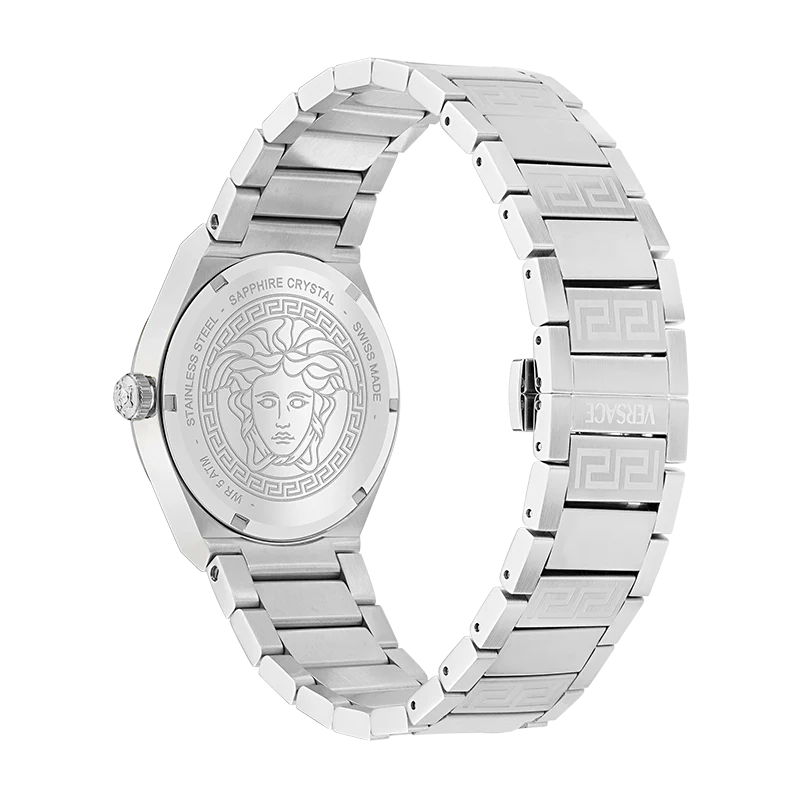 Versace V-Auria watch displayed at angle showing turquoise dial and full bracelet
