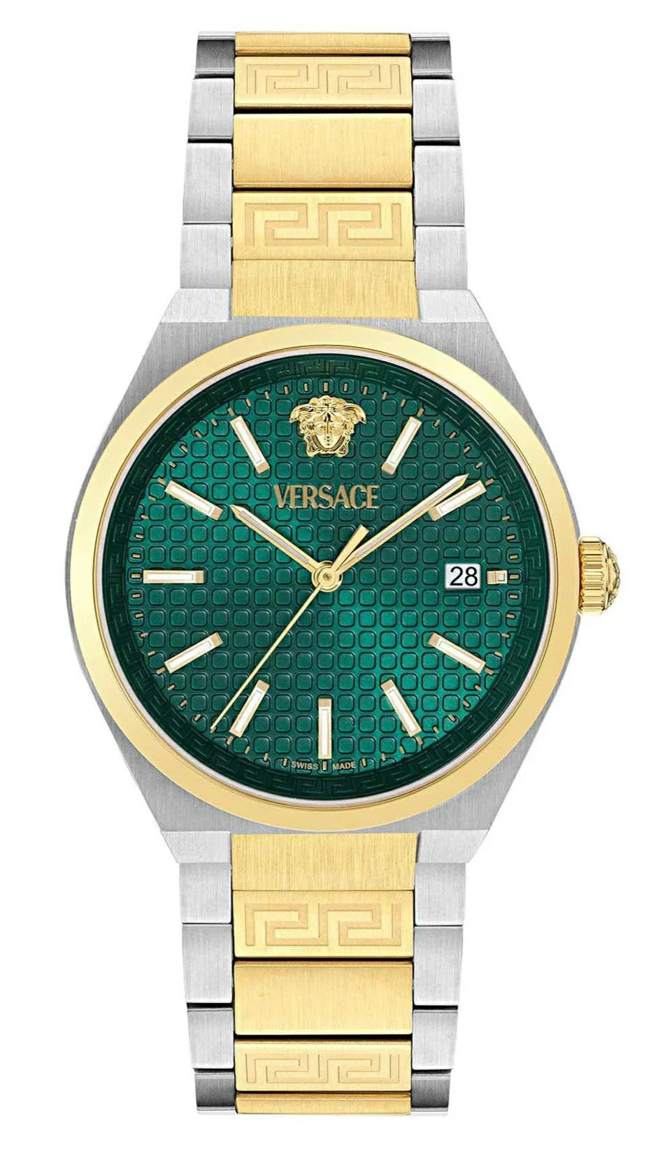 Versace V-Auria watch front view with green dial and two-tone gold and steel strap