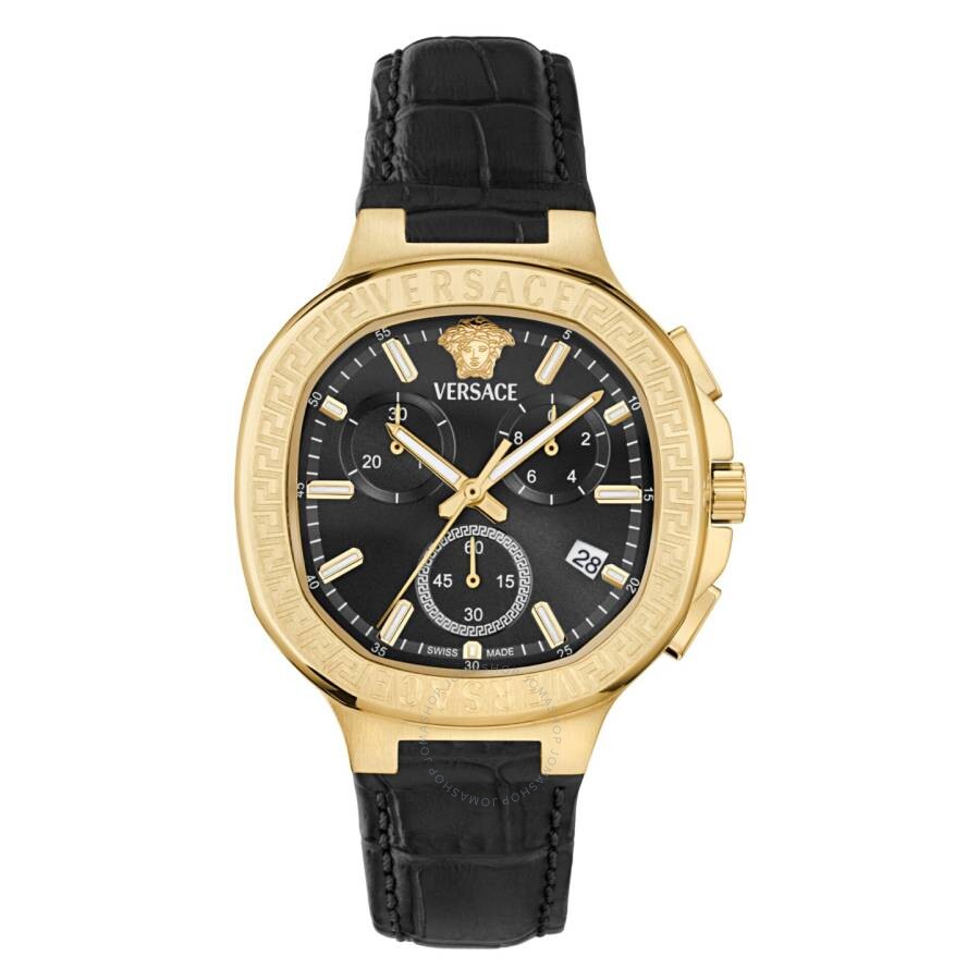 Versace V-Chrono Square gold chronograph watch with black dial and black leather strap