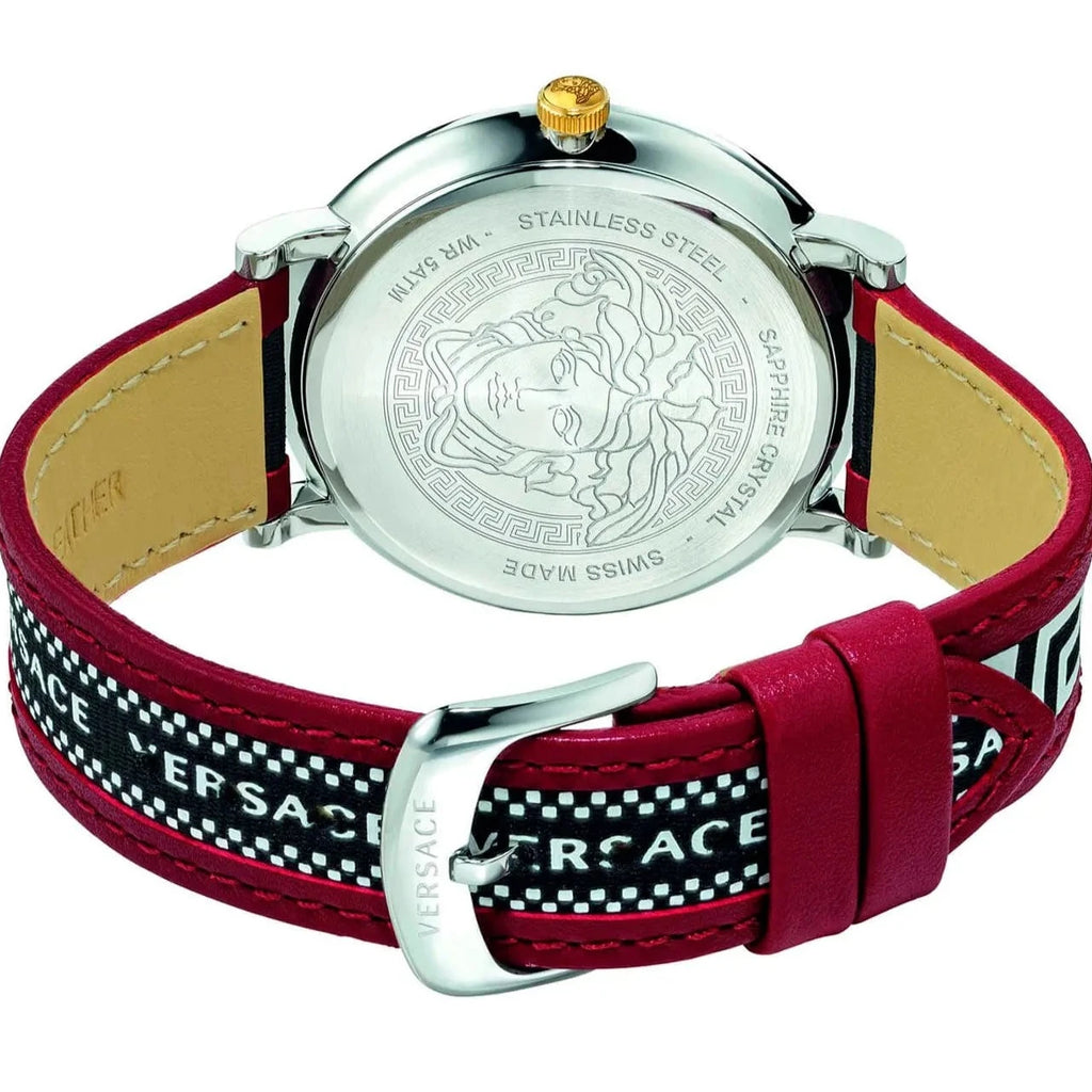 Versace V Circle Silver Dial Two-Tone Leather Strap Swiss Movt Watch - VEBQ01319