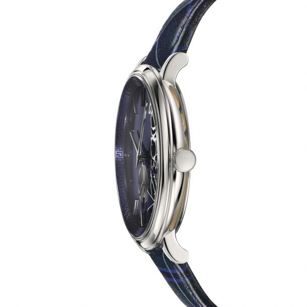 Side profile of Versace V-Circle watch showing stainless steel case, sapphire crystal, and blue plaid strap