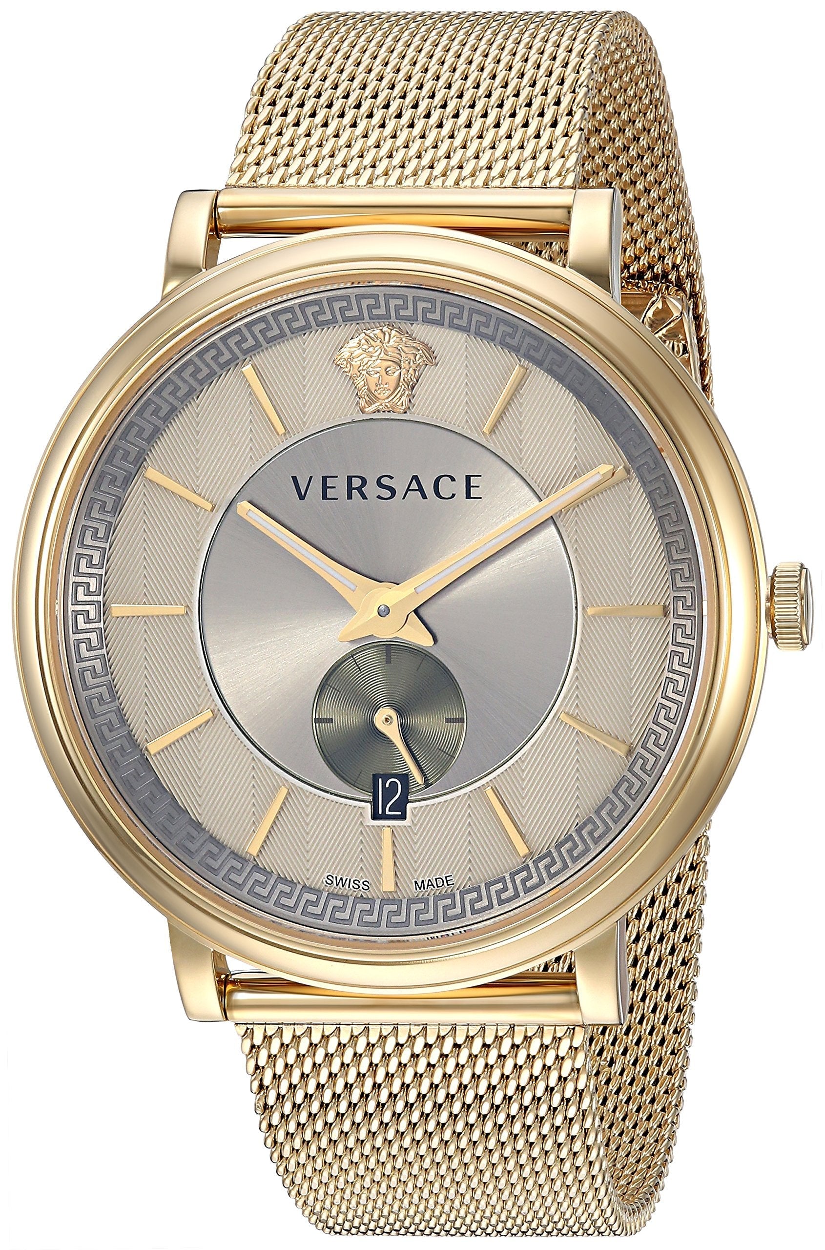 Versace V-Circle watch front view showing GMT dial with small seconds subdial and mesh bracelet