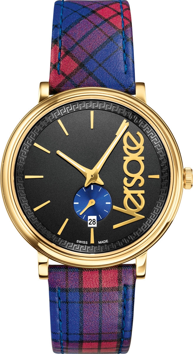 Versace V-Circle watch with gold-tone case, black dial, and multicolor tartan leather strap