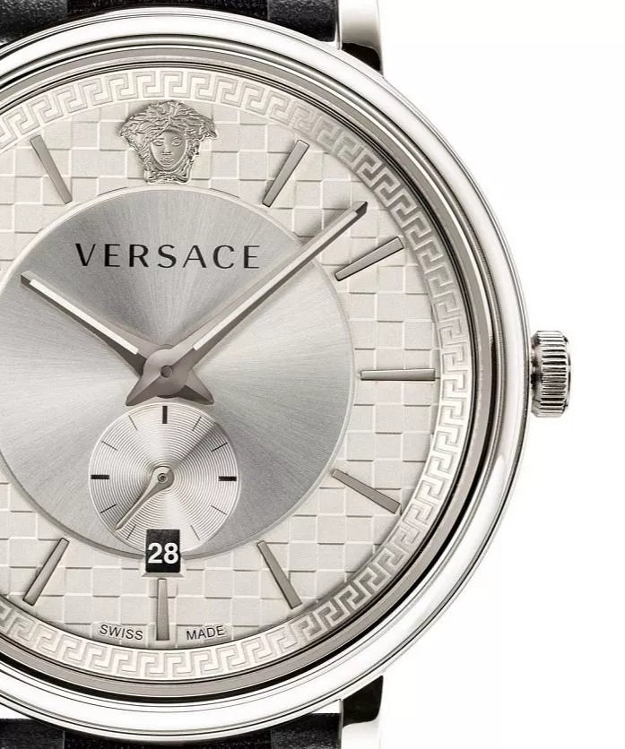Versace V-Circle dial detail with silver sunburst finish and subdial