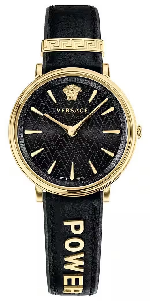Versace V Circulus women's quartz watch with black dial, gold-tone case, and black leather strap with POWER branding