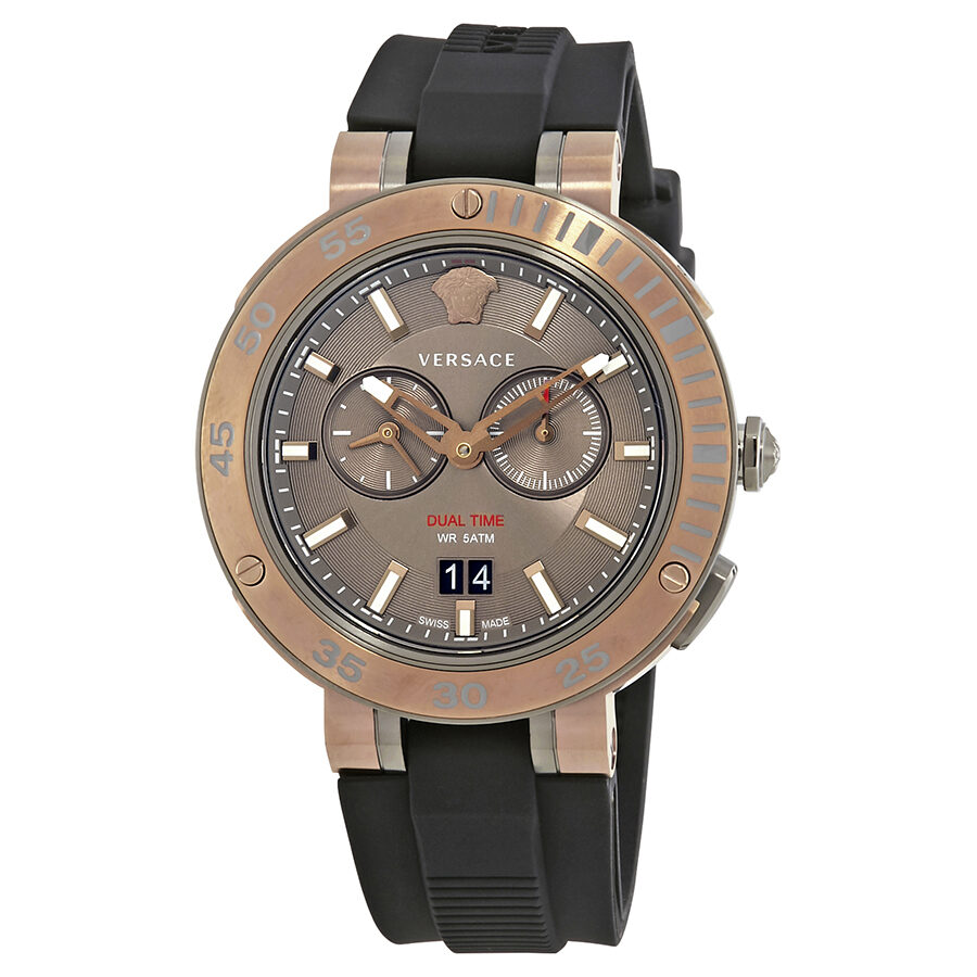 Versace V-Extreme watch with brown dial, rose gold bezel, and black rubber strap