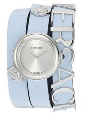 Versace V-Flare quartz watch with silver dial and light blue leather wrap strap