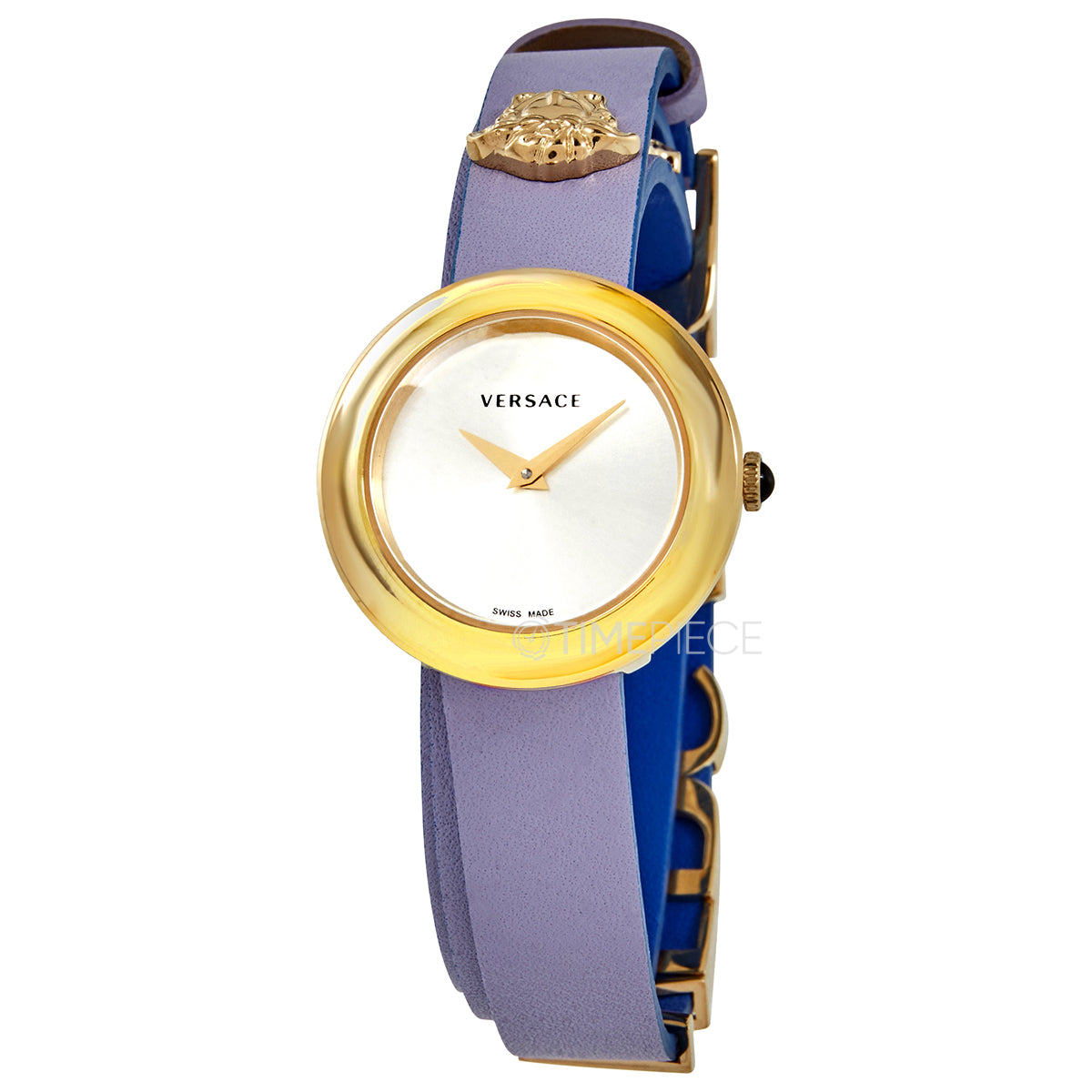 Versace V-Flare watch angled view showing gold case, silver dial, and purple and blue leather strap