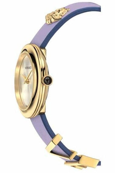 Versace V-Flare watch worn on wrist showing gold case, silver dial, and purple leather strap with buckle