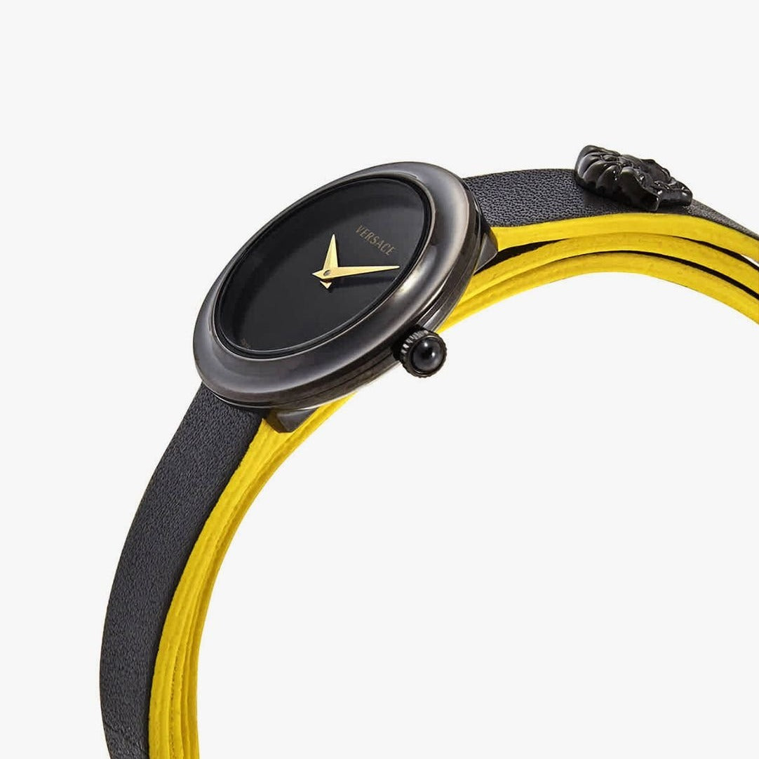 V-Flare watch angled view showing round case and wraparound strap