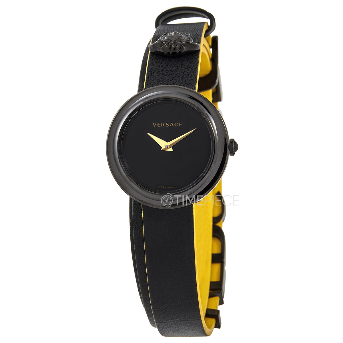 Versace V-Flare black dial watch with black and yellow leather strap