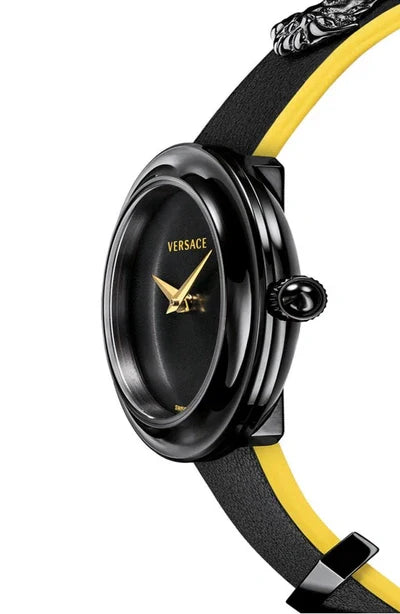 V-Flare watch side profile showing case depth and yellow leather strap