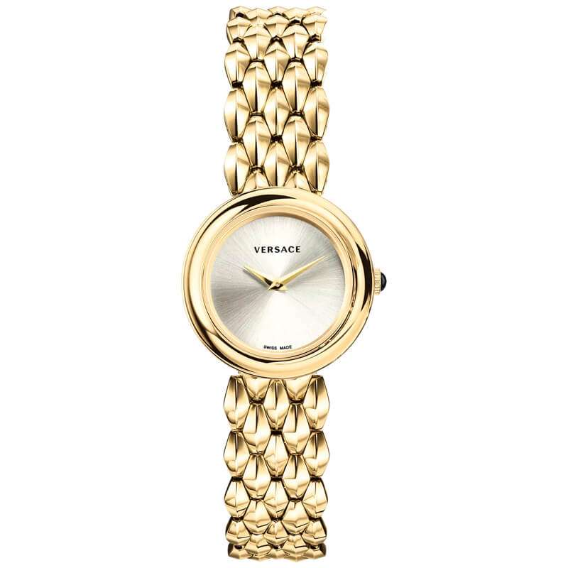 Versace V-Flare women's watch with silver dial and gold-plated steel case and strap