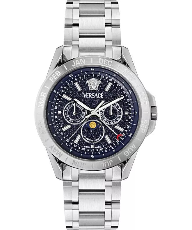 Versace V-Galaxy Moonphase stainless steel watch with silver dial and moonphase display