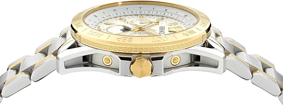 Side angle view showing gold bezel and moonphase complication on white dial