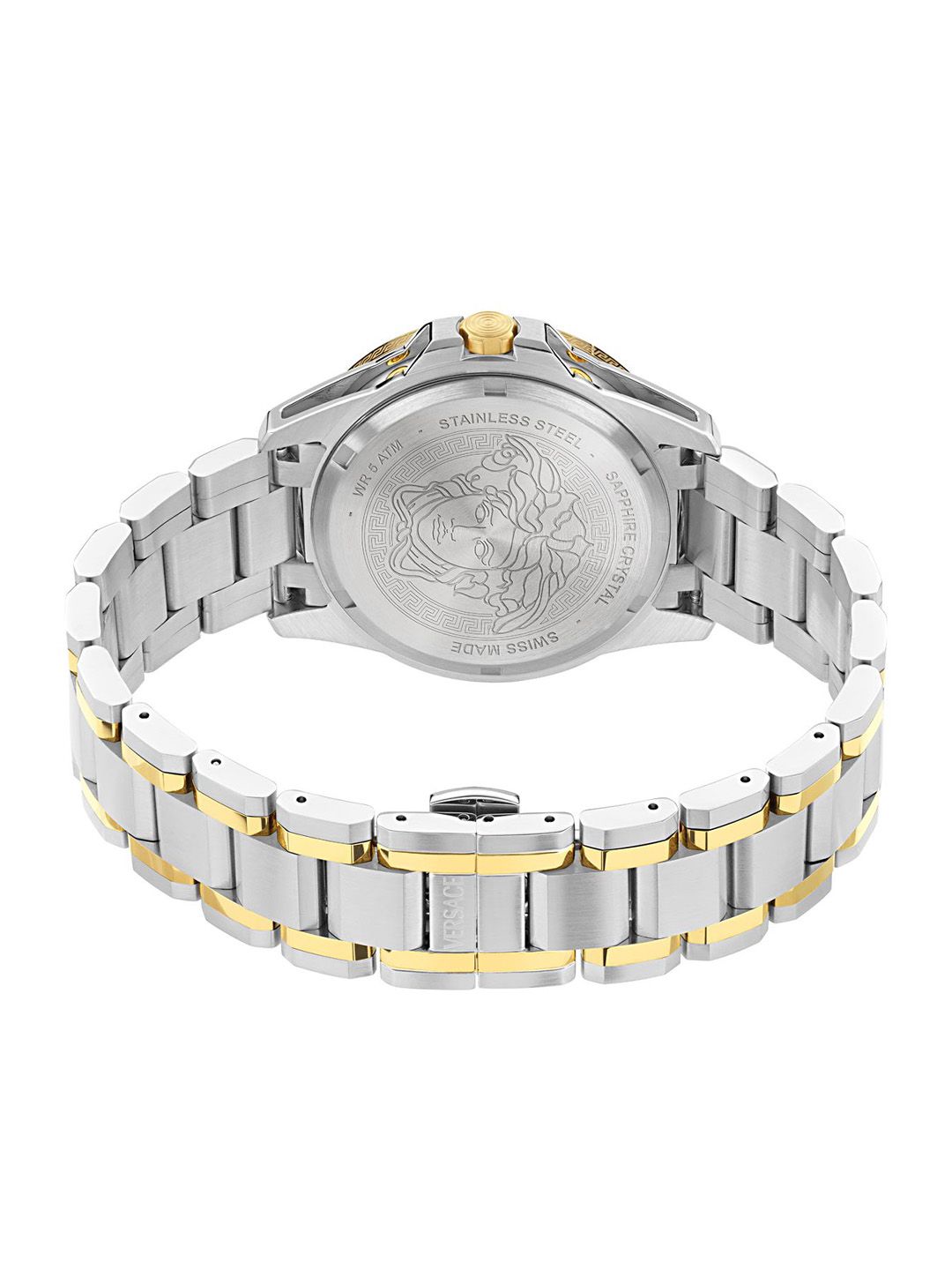Two-tone bracelet and caseback view with Versace medusa motif engraved