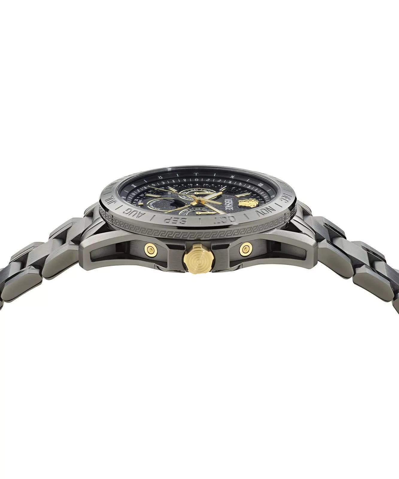 Side view of Versace V-Galaxy Moonphase watch showing case profile and bracelet