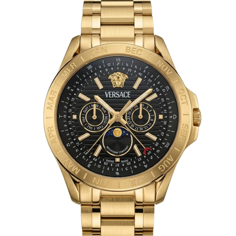 Versace V-Galaxy moonphase watch showing gold bezel and black dial with subdials
