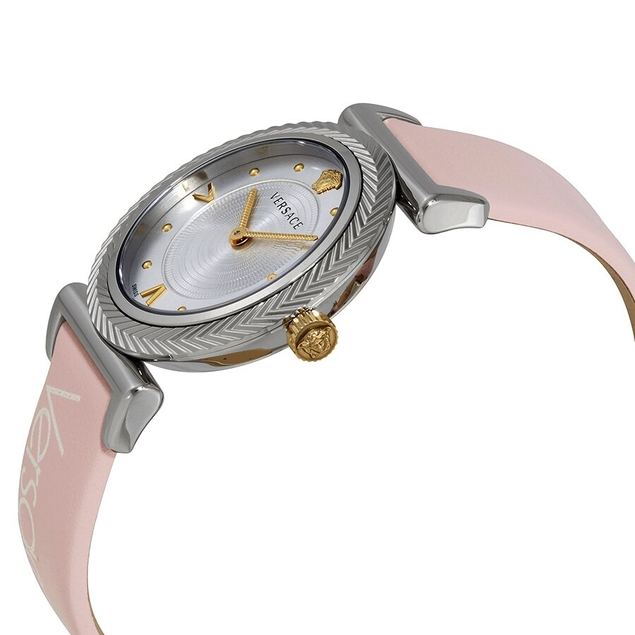 Side angle view of Versace V-Motif watch showing V-design bezel and pink leather strap