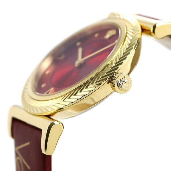 Versace V-Motif side angle view showing gold case and red leather strap