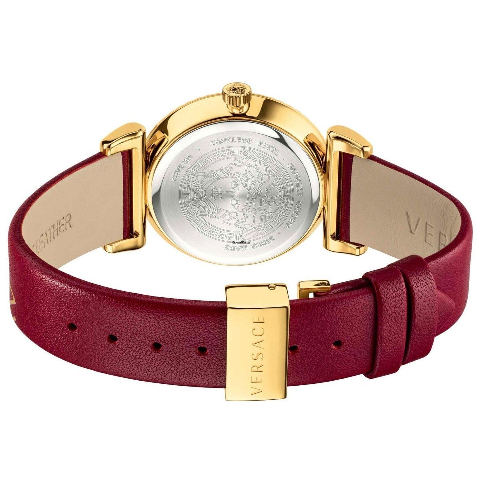 Versace V-Motif caseback showing engraved medusa medallion and stainless steel