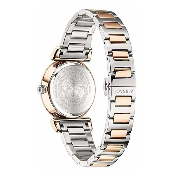 Versace V-Motif watch caseback showing Medusa medallion engraving and bracelet detail