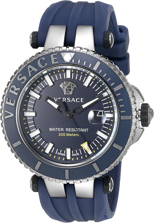 Versace V-Race automatic chronograph watch with blue dial and blue rubber strap