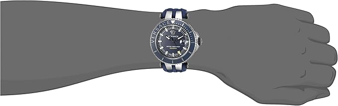 Versace V-Race chronograph watch worn on wrist with blue rubber strap