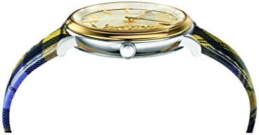 Side angle view of Versace V-Race showing gold-tone bezel and case profile with plaid strap