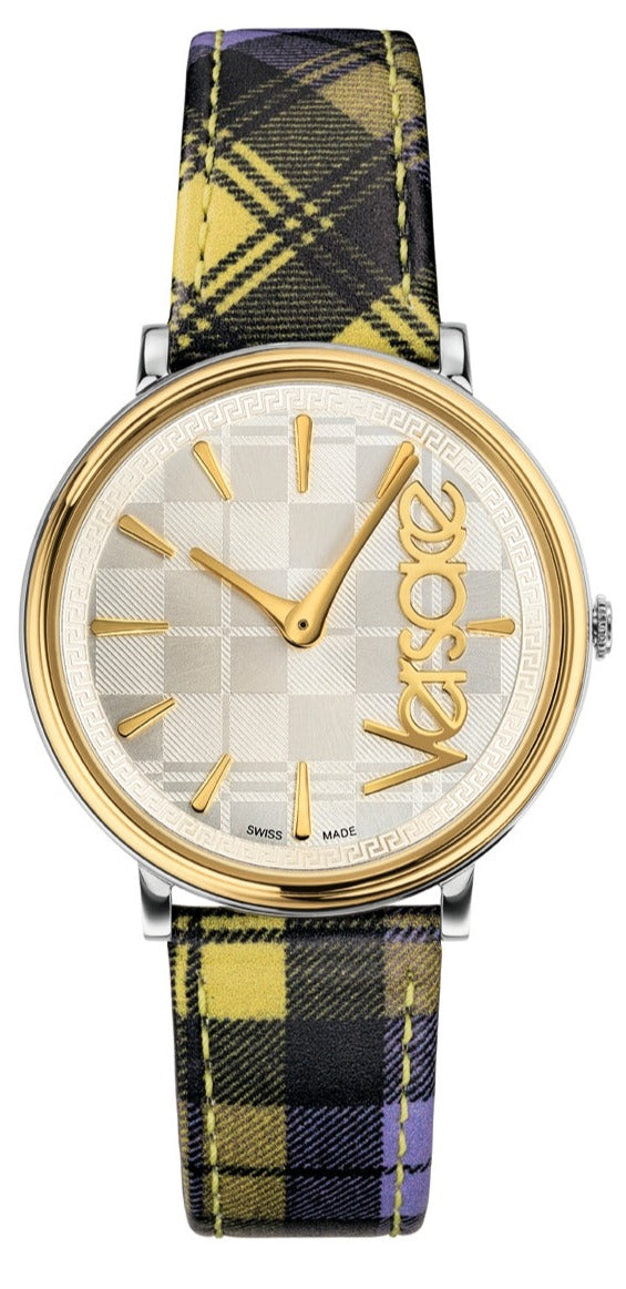 Versace V-Race 46MM women's watch with cream dial, gold-tone case, and plaid navy and gold fabric strap