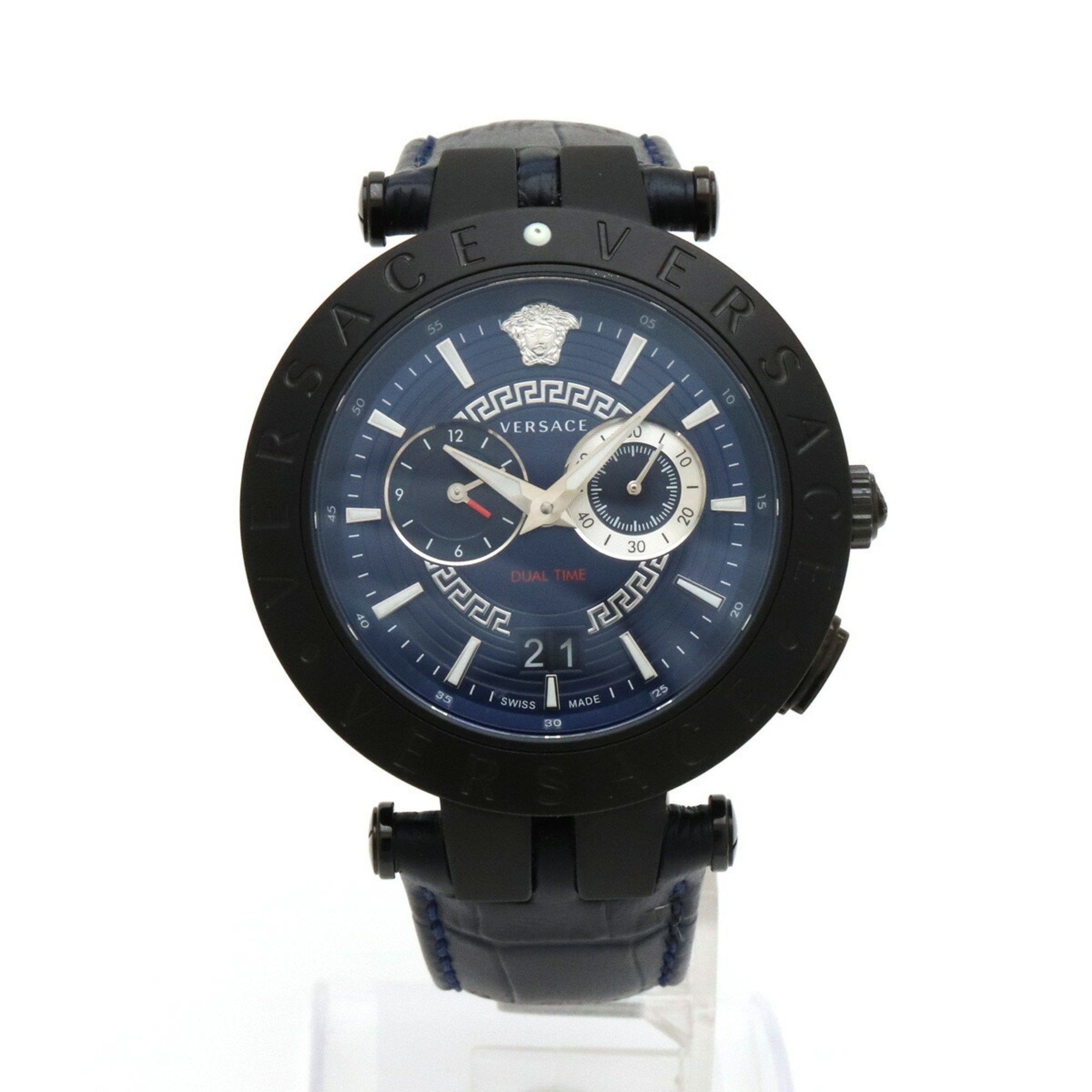 Versace V-Race chronograph mens watch with blue dial and dual chronograph subdials on white background