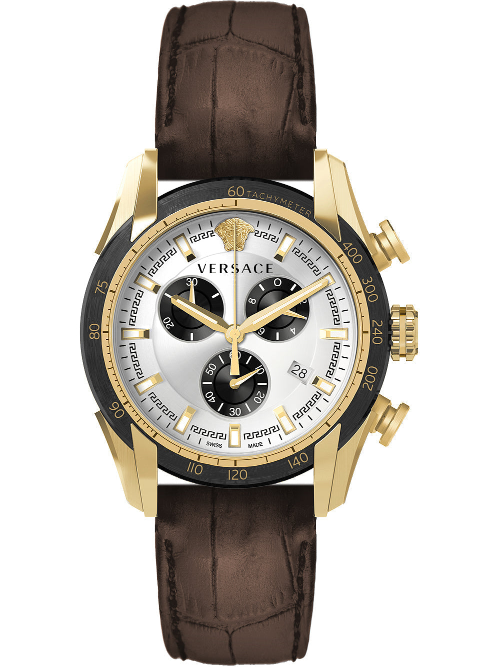 Versace V-Ray men's chronograph with gold case, white dial, black subdials, and brown leather strap
