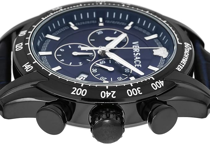 Versace V-Ray chronograph watch top view showing black case and tachymeter bezel