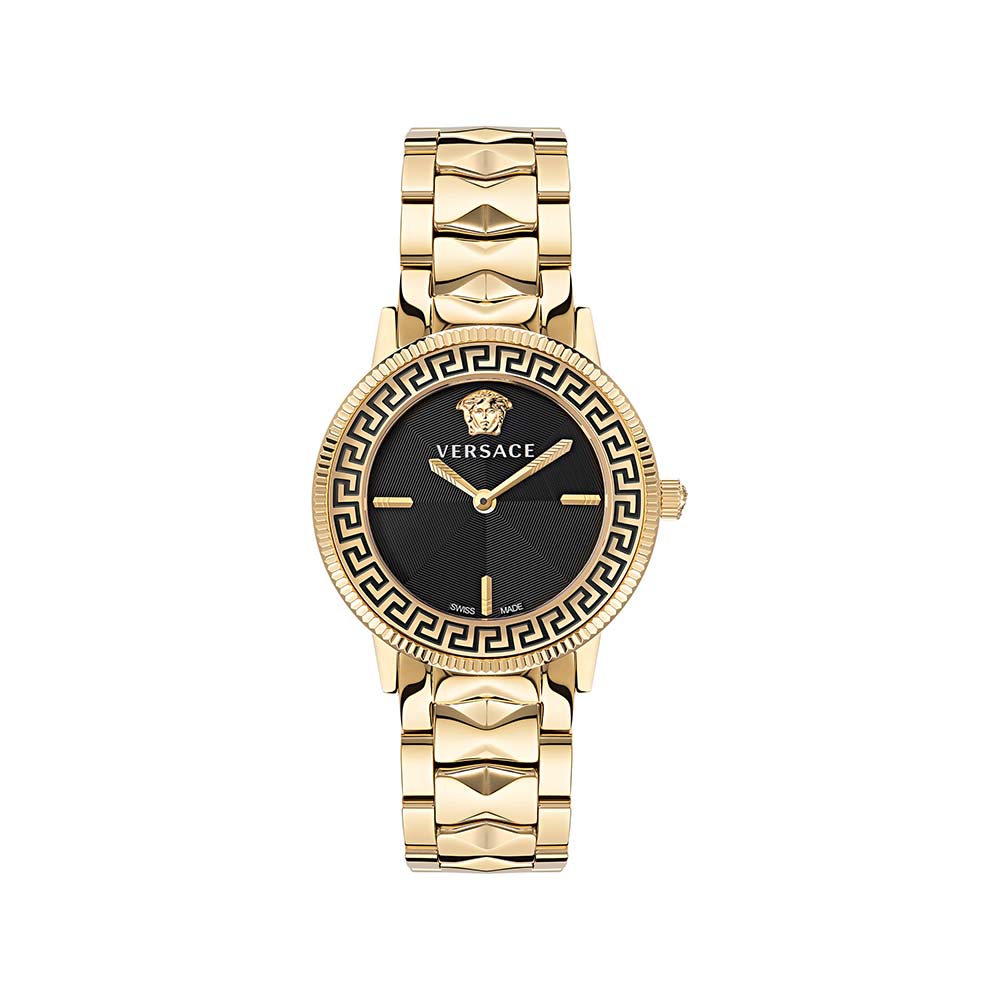 Versace V-Tribute ladies watch with black guilloche dial and gold-tone case with Greek key bezel