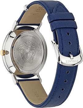 Caseback of Versace V-Twist watch showing engraved Versace branding and stainless steel construction