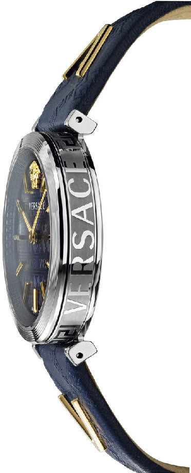 Side profile of Versace V-Twist watch showing stainless steel case and navy leather strap with V-shaped details