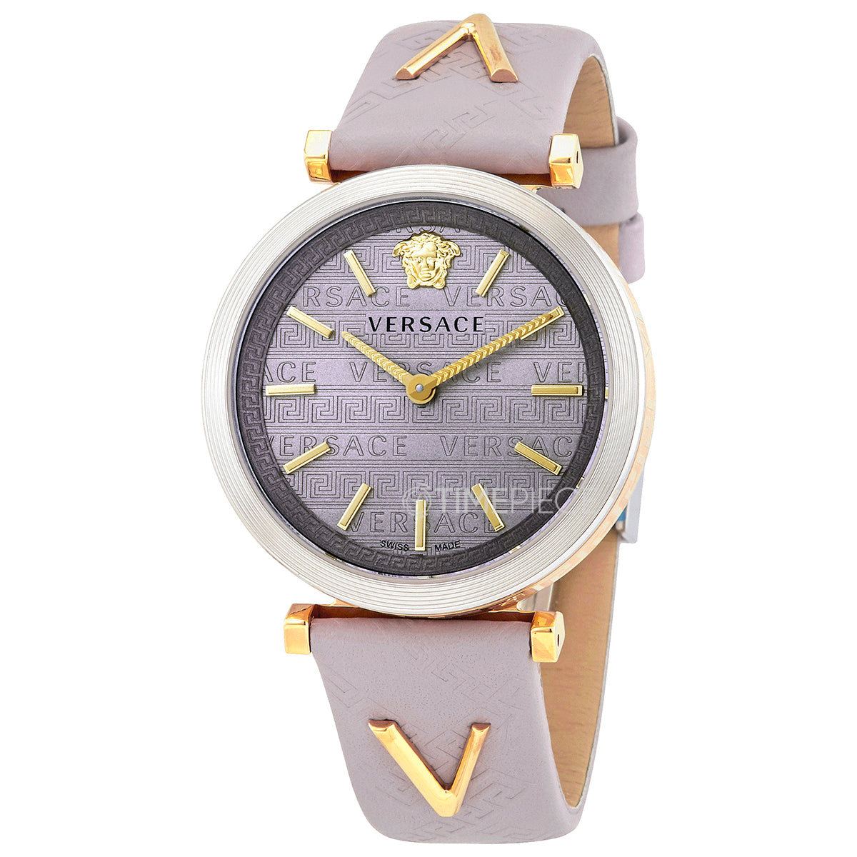 Versace V-Twist watch angled view showing light pink leather strap with V-shaped gold accents