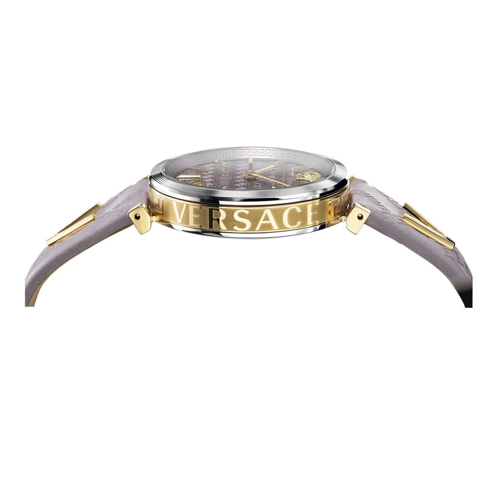 Versace V-Twist watch side view with light pink leather strap and gold-tone case details