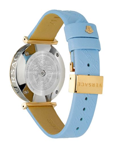 Caseback of Versace V-Twist watch showing engraved medallion and gold buckle closure
