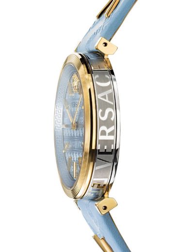 Side profile of Versace V-Twist watch with gold case and caseback engraving visible