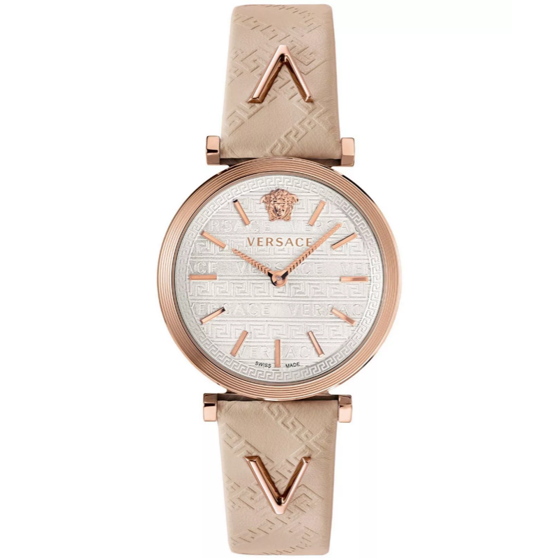 Versace V-Twist women's watch with white dial, rose gold hands and indices, white leather strap
