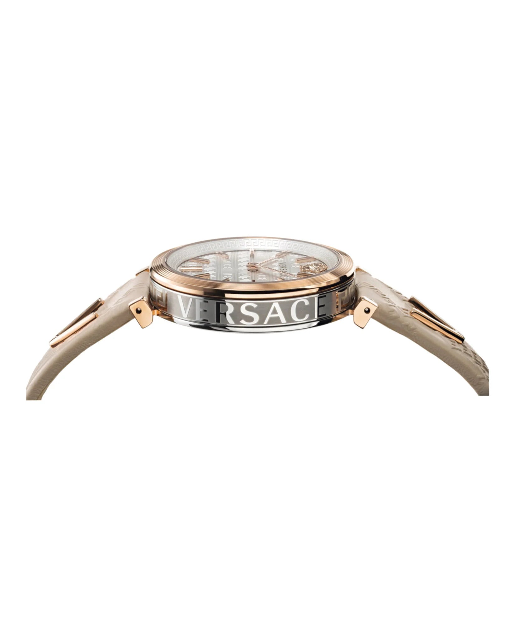 Versace V-Twist watch profile view showing case thickness, white leather strap, and rose gold case sides