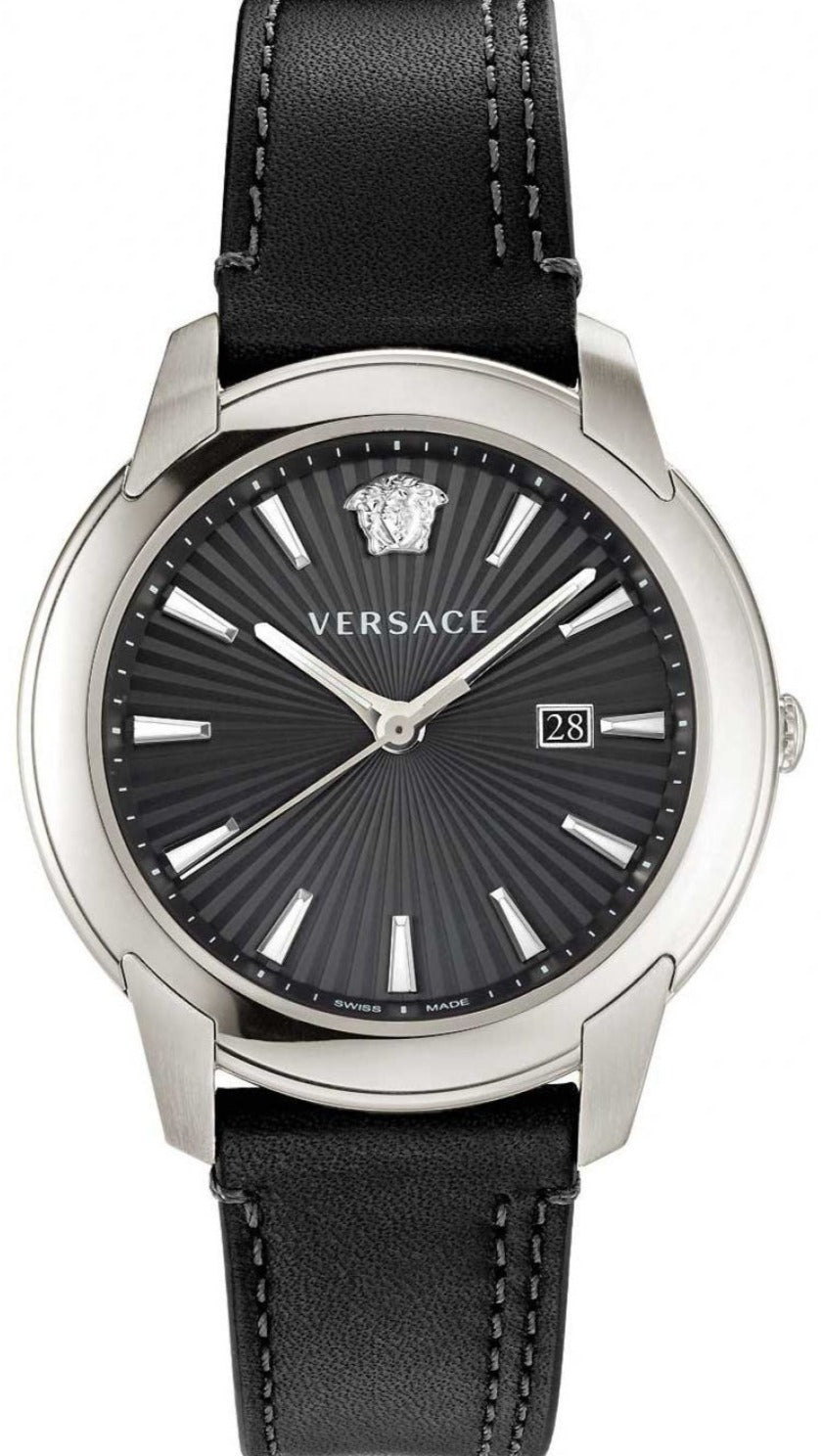 Versace V-Urban men's watch with black dial, stainless steel case, and black leather strap