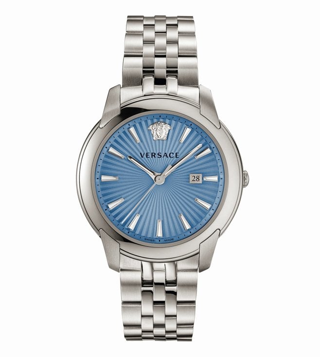 Versace V-Urban men's watch with light blue radial dial, stainless steel case and bracelet
