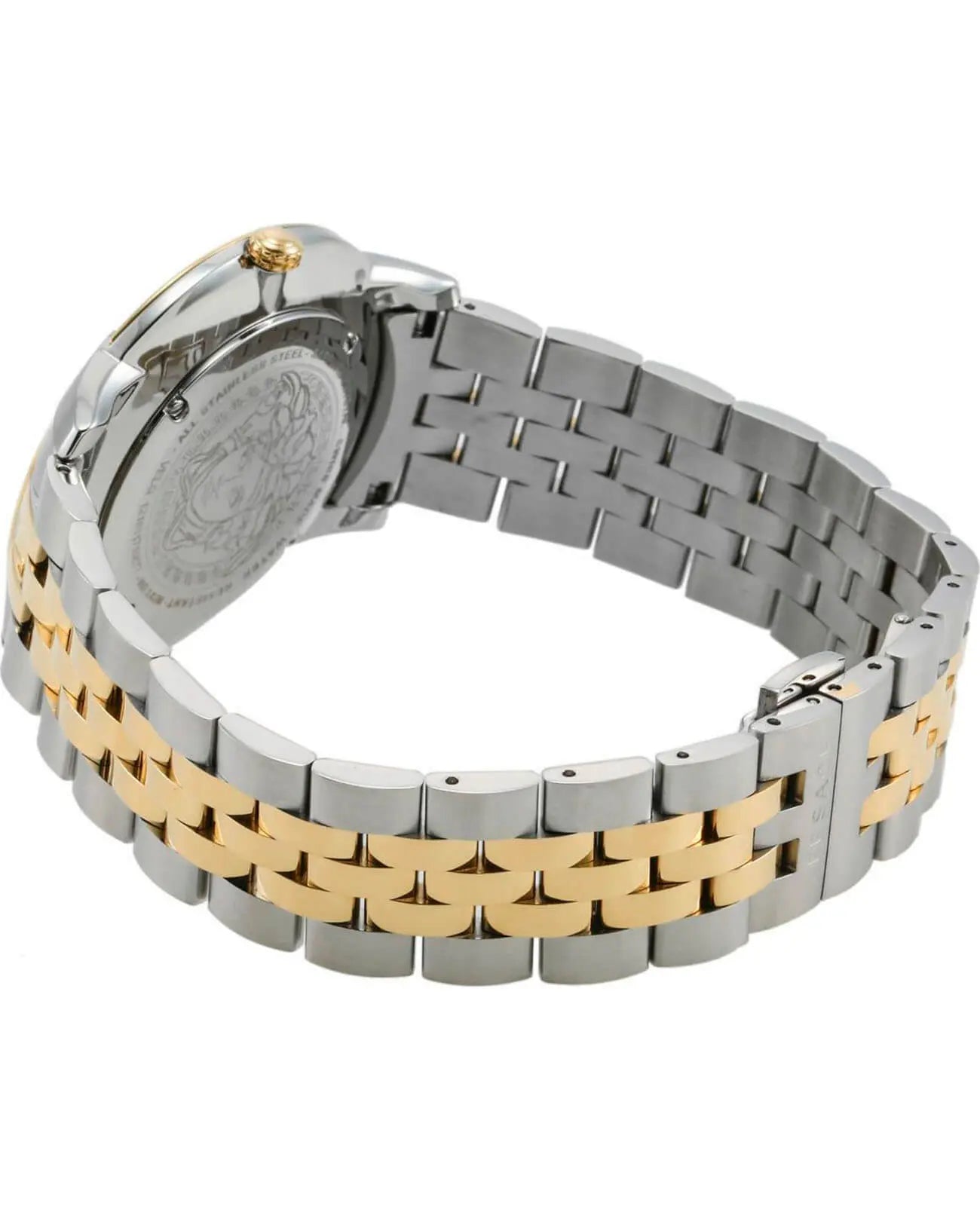 Back view of Versace V-Urban watch showing two-tone stainless steel and gold bracelet