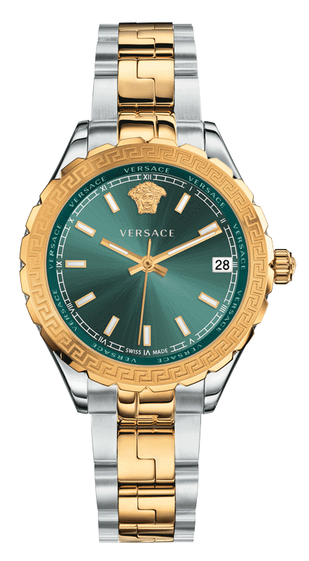 Versace V1205 0016 ladies watch with green dial, two-tone gold and steel bracelet, and date window